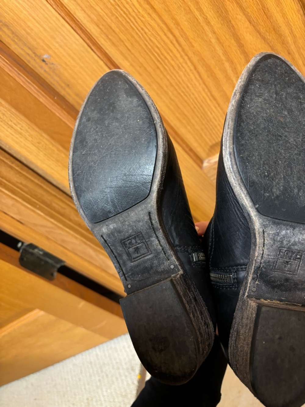 Frye Black Leather Pointed Ankle Boots with Side Zip - Picture 3 of 7